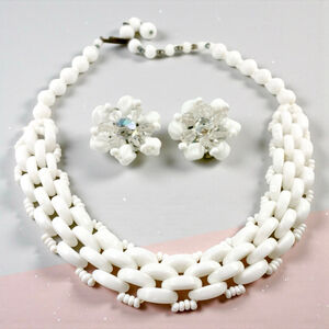 Vintage Austria White Milk Glass Choker Necklace Aurora Borealis Earrings